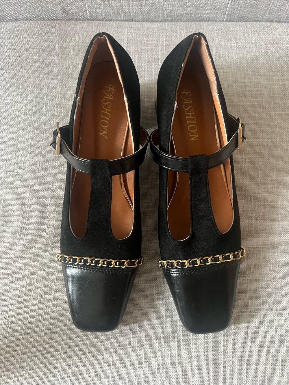 Fashion Black T-Strap Mary Jane block heels, gold chain, office dressy